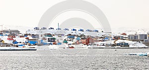 Aasiaat city center infrastructure, view from the sea