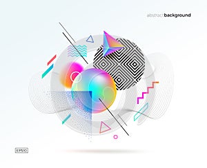 AAstract design with different geometric, 3d, linear and stipple shapes. Abstract multicolored composition.