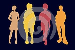 Abstract colorful group of distorted and awry characters on blue.