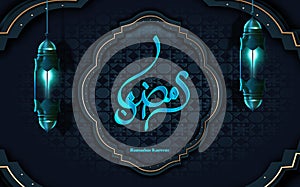 Ramadan Kareem golden calligraphy with lanterns elements on blue floral background