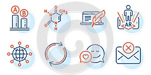 Ab testing, Dating and Reject mail icons set. Full rotation, Augmented reality and Chemical formula signs. Vector