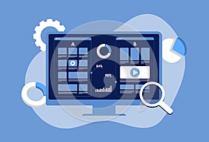 AB testing flat vector concept - split test comparison with randomized experiments campaign. Smartphone with two A-B