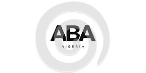 Aba in the Nigeria emblem. The design features a geometric style, vector illustration with bold typography in a modern font. The