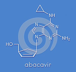 Abacavir ABC reverse transcriptase inhibitor drug. Used in treatment of HIV infection and AIDS. Skeletal formula. photo