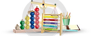 Abacus, notepad, pencils, ruler and scales. Educational tools. Education concept