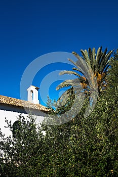 Abadoned church Ermita de Sant Antoni y Sant Jaume between palm tree and green plants vertical in Cap Blanche , Altea, Spain