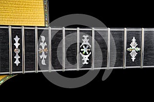 Abalone and Mother of Pearl Hand Cut Inlays on an Acoustic Guitar photo