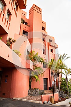 ABAMA, TENERIFE - 01 JUNE, 2022: pink buildings of the Ritz Carlton  Tenerife