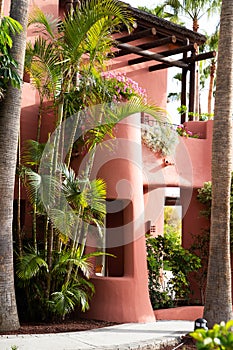 ABAMA, TENERIFE - 01 JUNE, 2022: pink buildings of the Ritz Carlton  Tenerife