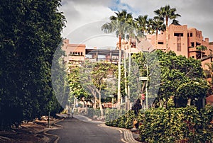 ABAMA, TENERIFE - 01 JUNE, 2022: pink buildings of the Ritz Carlton  Tenerife