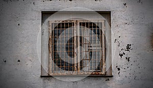 Abandon grunge grey cement wall texture with black dark window urban building background