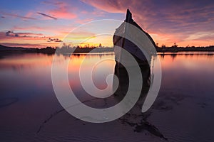 Abandon Old wreck on the shore , Borneo , Old fishing boat