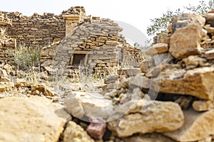 Abandoned adobe houses in Middle Age village Kuldhara in the Thar Desert, Rajasthan, India