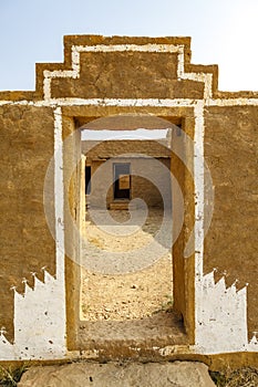 Abandoned adobe houses in Middle Age village Kuldhara in the Thar Desert, Rajasthan, India