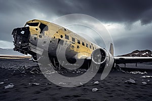 Abandoned airplane on the beach, Iceland. Toned. An abandoned airplane rests solemnly on a desolate black sand , AI Generated