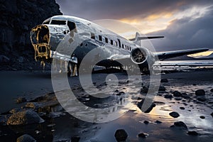 Abandoned airplane on the beach at sunset. 3d render, An abandoned airplane rests solemnly on a desolate black sand beach, AI