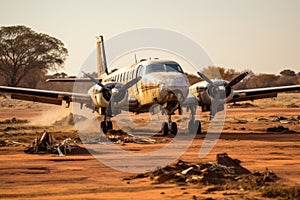 Abandoned airplane in the desert of Namibia, Africa, small prop plane, landing on dirt landing strip in Africa, AI Generated
