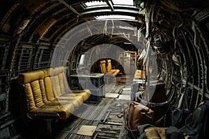 Abandoned airplane interior with decaying seats photo