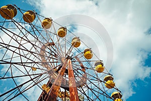 Abandoned amusement park in the city center of Prypiat in Chornobyl exclusion zone. Radioactive zone in Pripyat city -