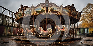 Abandoned amusement park, a gust of wind magically brings a carousel to life , concept of Desolation