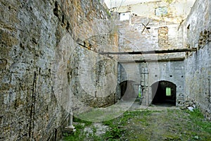 Abandoned ancient courtyard building with no people