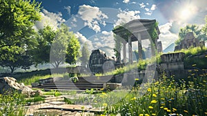 In an abandoned ancient Greek temple with destroyed columns and steps with creepers in a garden with green grass and