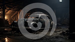 Abandoned Armored Car In Cinematic Burned Warehouse Scene