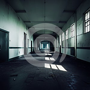 Abandoned asylum with eerie lights and suspenseful atmosphere, created with generative AI technology