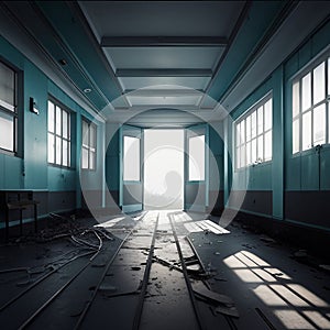 Abandoned asylum with eerie lights and suspenseful atmosphere, created with generative AI technology