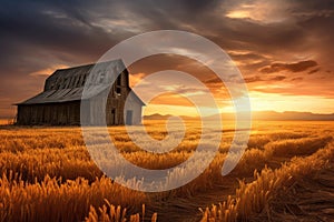 Abandoned barn and wheat field at sunset, 3d render, An old rustic barn in wheat field under setting sun, AI Generated