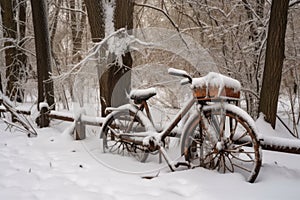 abandoned bike buried in snow near park bench