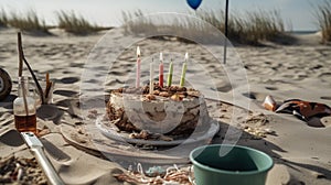 Abandoned birthday cake with candles on a sandy beach. Failed birthday concept