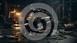 Abandoned Black Scooter In Post-apocalyptic Burned Warehouse