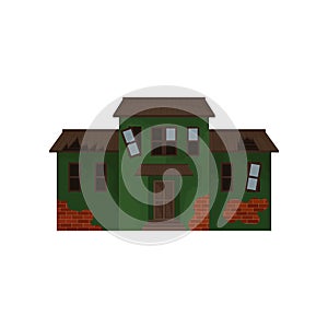 Abandoned brick home with green peeling paint, broken windows and roof. Old house. Facade of cottage. Flat vector design