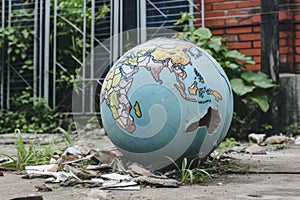 Abandoned and Broken Globe Amongst Waste: Symbol of Planet\'s Mistreatment and Pollution