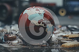 Abandoned and Broken Globe Amongst Waste: Symbol of Planet\'s Mistreatment and Pollution