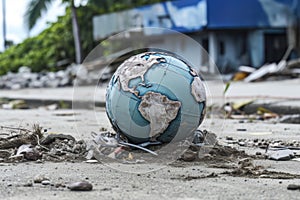 Abandoned and Broken Globe Amongst Waste: Symbol of Planet\'s Mistreatment and Pollution