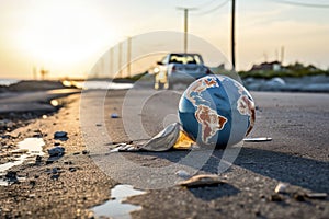 Abandoned and Broken Globe Amongst Waste: Symbol of Planet\'s Mistreatment and Pollution