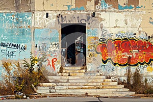Abandoned building with graffiti-covered walls showing urban decay.