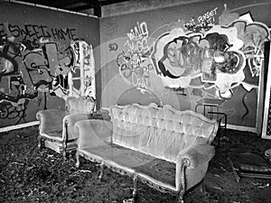 Abandoned building with illicit graffiti vandalism