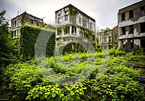 An abandoned building with overgrown vegetation in the foreground.