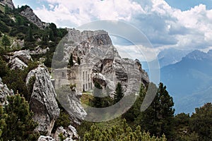 Abandoned Building Ruins in Italian Dolomites Alps Scenery