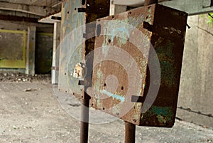 Abandoned building, rusty communications, equipment, ruins, broken windows