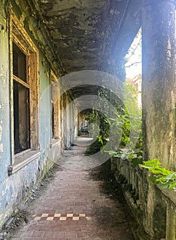 Abandoned building of the sanatorium in Tskaltubo. Former Stalinist balneological resort town in Georgia