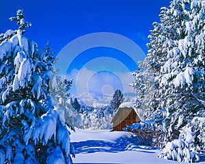 An abandoned building is surrounded by snow covering the landscape in Lake Tahoe