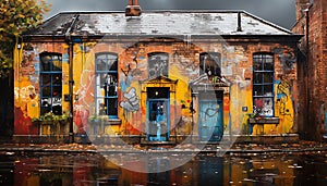 Abandoned building, vibrant graffiti, illuminated by blue rain at dusk generated by AI
