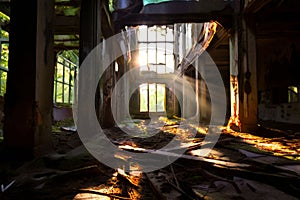 abandoned buildinglight streams through broken windows of a dere