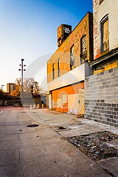 Abandoned buildings at Old Town Mall, in Baltimore, Maryland.