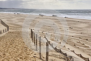 Abandoned bunkers in Arcachon bay sand beach. Aquitaine, France