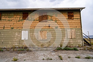 Abandoned bunkhouse or hotel building in the ghost town of Jeffrey City Wyoming